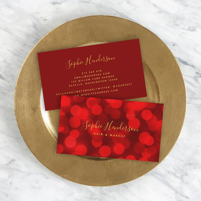 Modern Trendy Calligraphy Ruby Red Bokeh Lights Business Card (Creator Uploaded)
