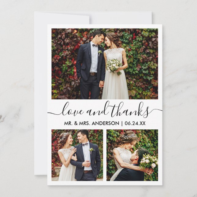 Modern Trendy Calligraphy Script Wedding 3 Photo Thank You Card (Front)