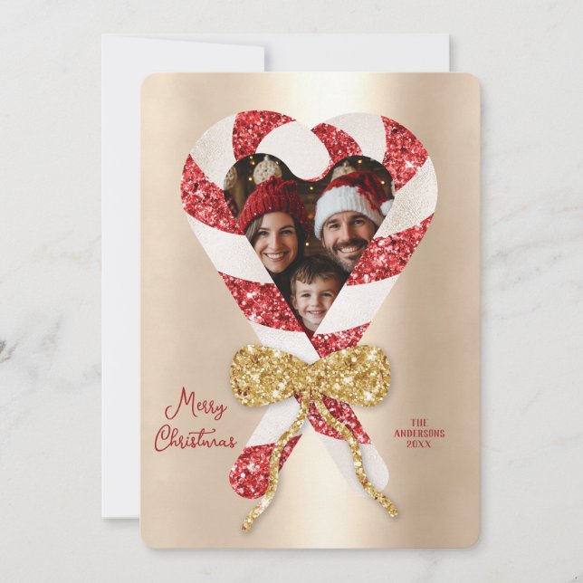 Modern Trendy Candy Cane Frame Photo Christmas Invitation (Front)