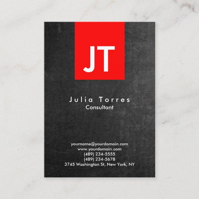 Modern Trendy Chalkboard Red Monogram Business Card (Front)