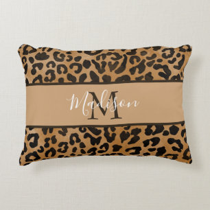 Modern Trendy Chic Leopard Pattern Monogram Name Accent Pillow