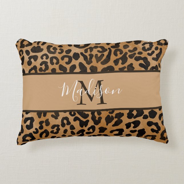 Modern Trendy Chic Leopard Pattern Monogram Name Accent Pillow (Front)