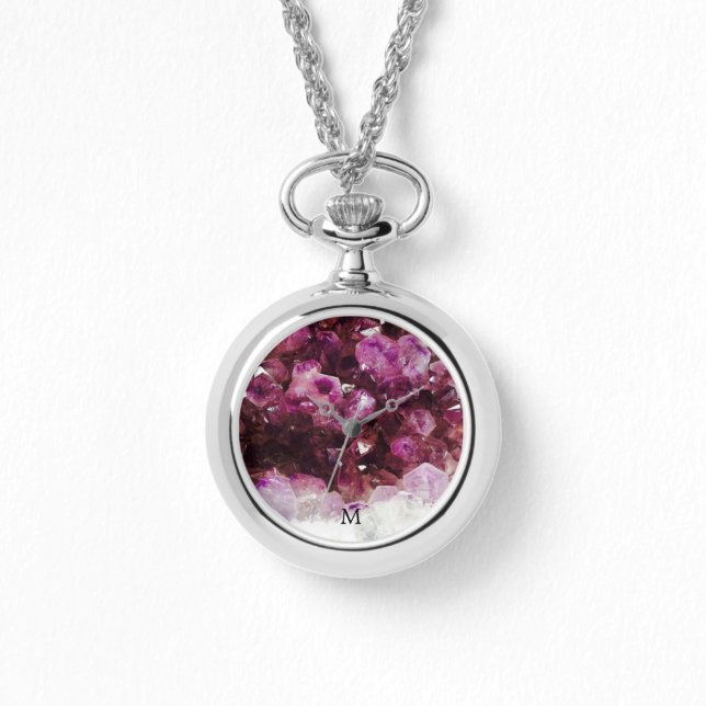 Modern trendy chic purple amethyst monogrammed watch (Front)