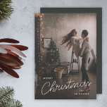 Modern Trendy Christmas | Dark Dusky Couple Photo Holiday Card<br><div class="desc">A trendy stylish holiday photo flat greeting card with modern and handwritten script typography in white over a full photo with black faded tint and a deep smoky green grey colour on the reverse. The photo and name can be easily customized for a personal touch. A simple, minimalist and contemporary...</div>