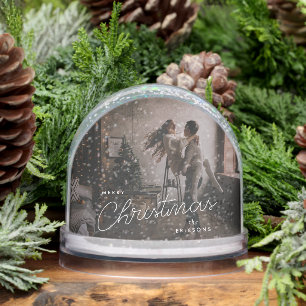 Modern Trendy Christmas Dark Dusky Couple Photo Snowglobe