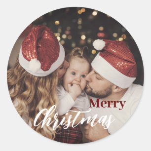 Modern Trendy Christmas Dark Dusky Family Photo Classic Round Sticker