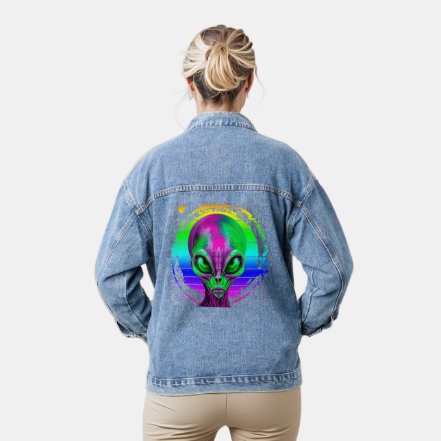 Modern Trendy Colourful Rainbow Alien Denim Jacket (Model)