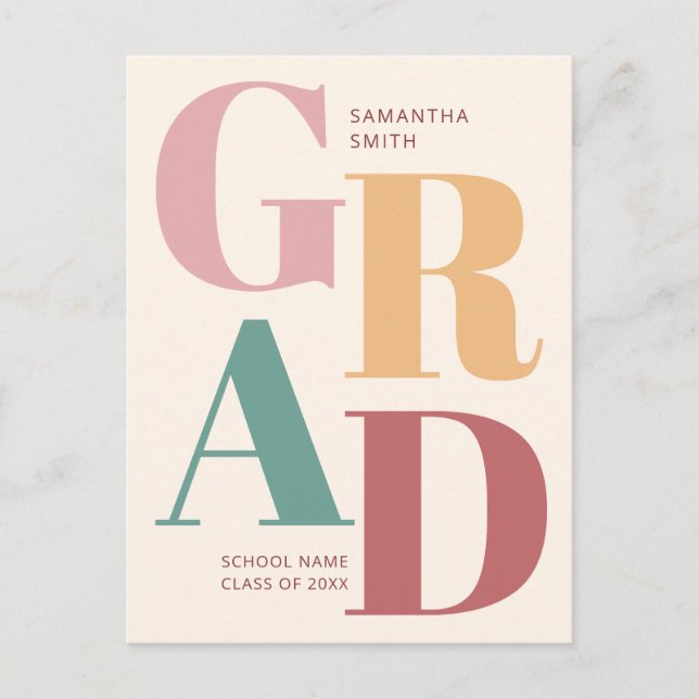 Modern Trendy Colourful Typography Graduation Invitation Postcard (Front)