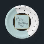 Modern Trendy Confetti Dots Birthday for Her Paper Plate<br><div class="desc">A beautifully stylish look for a feminine themed birthday party, this contemporary design features scattered confetti polka dots in black over a white background on one half of the design with a solid dusty light blue colour block on the opposite half. A golden double frame with matching blue background surrounds...</div>