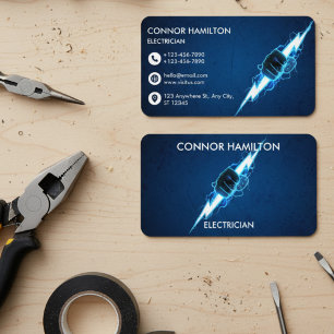 Modern Trendy Cool Blue Lightning Electrician Busi Business Card