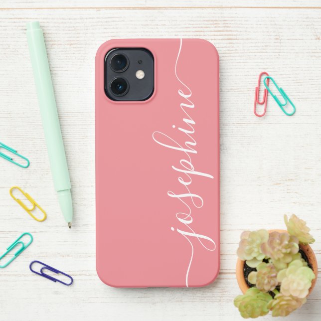 Modern Trendy Coral Pink Calligraphy Script Name iPhone Case (On Desk)