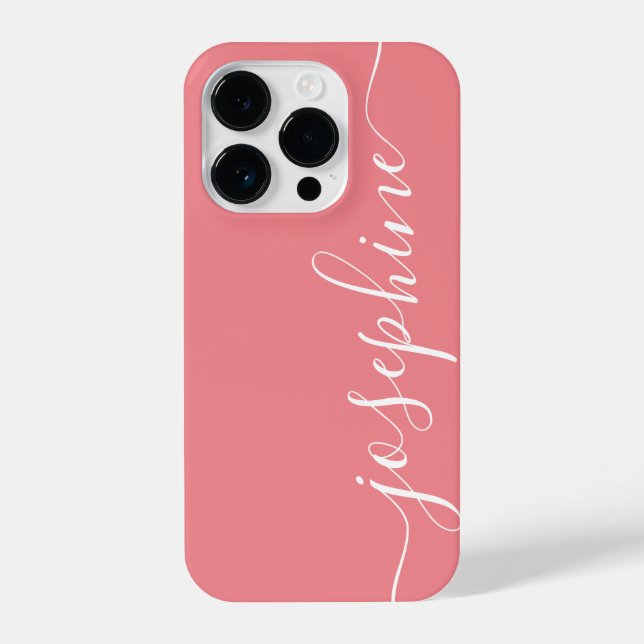 Modern Trendy Coral Pink Calligraphy Script Name iPhone Case (Back)