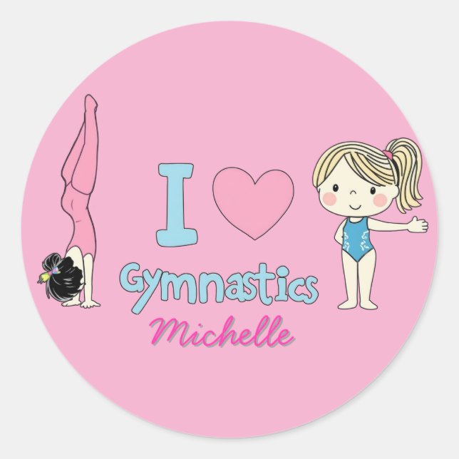 Modern Trendy Cute I Love Gymnastics Personalized  Classic Round Sticker (Front)