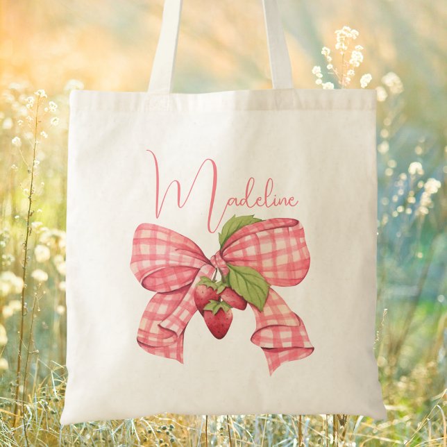 Modern Trendy Cute Pink Bow & Strawberry Tote Bag (Creator Uploaded)
