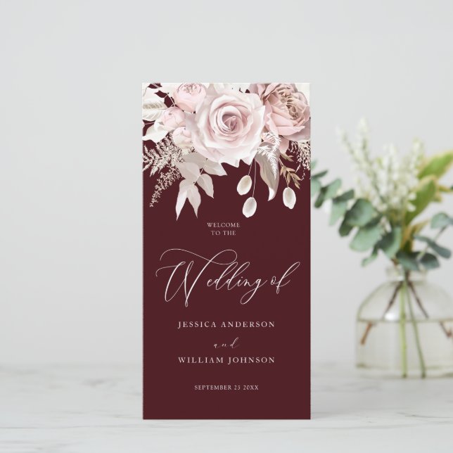 Modern Trendy Deep Burgundy Blush Wedding Program (Standing Front)