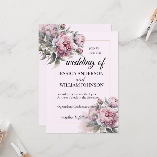 Modern Trendy Desinger Dusty Rose Blush Weeding  Invitation (Front/Back In Situ)