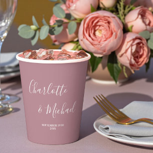 Modern Trendy Dusty Rose Script Wedding Paper Cups