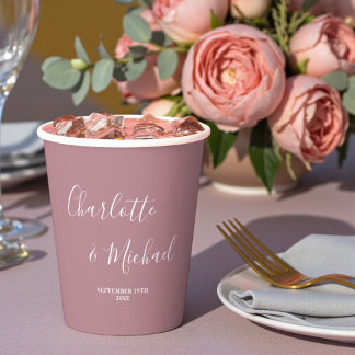 Modern Trendy Dusty Rose Script Wedding Paper Cups