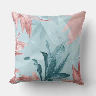 Modern Trendy Exotic Blue Pink Tropical Leaves Throw Pillow