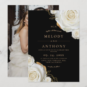 Modern Trendy Floral Black White Rose Wedding Invitation