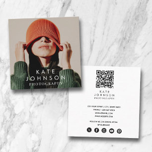 Modern Trendy Full Photo QR Code Social Media  Square Business Card