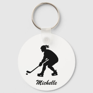 Modern Trendy Girl Playing Ice Hockey Personalized Keychain