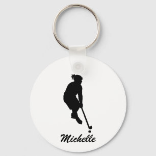 Modern Trendy Girl Playing Ice Hockey Personalized Keychain