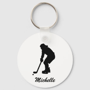 Modern Trendy Girl Playing Ice Hockey Personalized Keychain