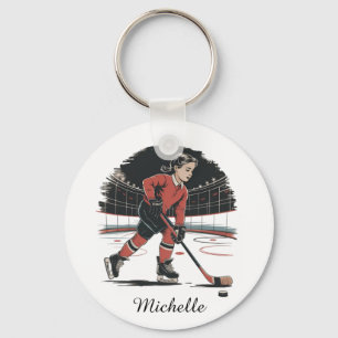Modern Trendy Girl Playing Ice Hockey Personalized Keychain