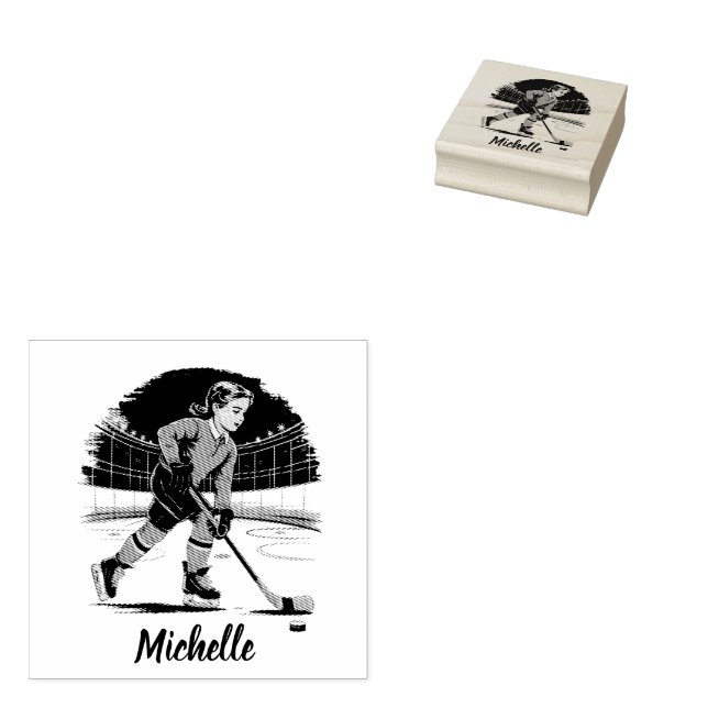 Modern Trendy Girl Playing Ice Hockey Personalized Rubber Stamp (Stamped)