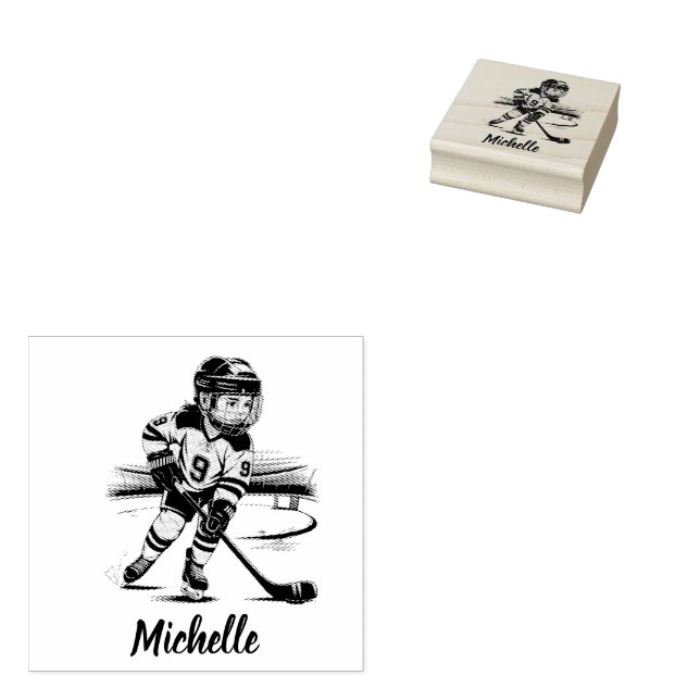 Modern Trendy Girl Playing Ice Hockey Personalized Rubber Stamp (Stamped)