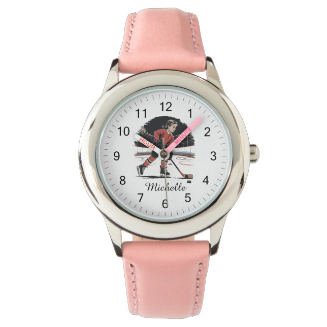 Modern Trendy Girl Playing Ice Hockey Personalized Watch (Front)