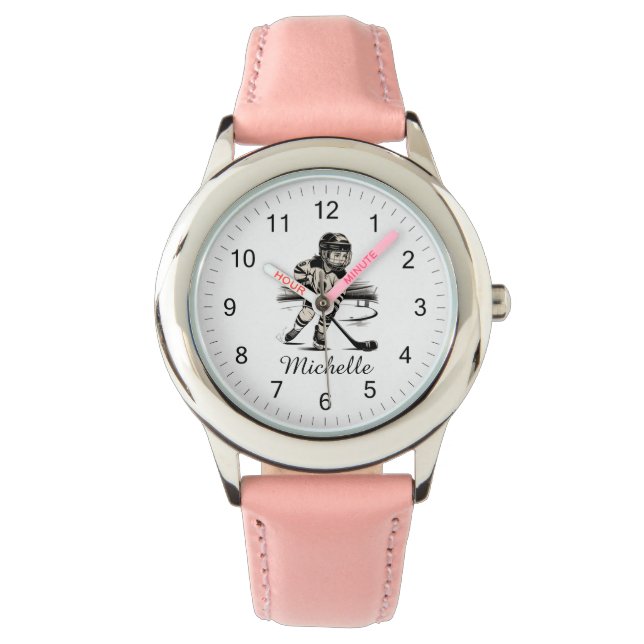Modern Trendy Girl Playing Ice Hockey Personalized Watch (Front)