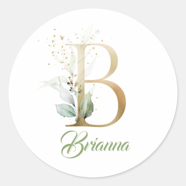 Modern trendy gold B monogram green and gold foil  Classic Round Sticker (Front)