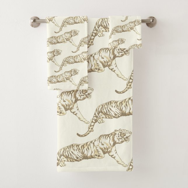 Modern Trendy Gold Beige Tiger Ivory White Bath Towel Set (Insitu)
