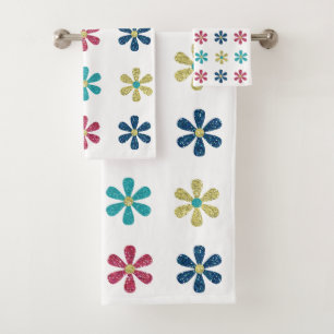 Modern & Trendy Gold Blue Glitter Flowers Bath Towel Set