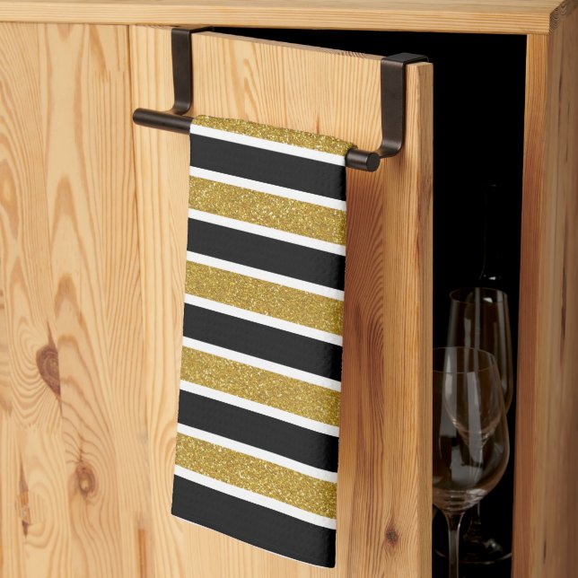 Modern Trendy Gold Glitter Black White Stripes Kitchen Towel (Thirds Fold)