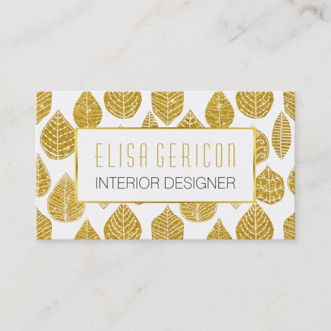 Modern, trendy gold glitter broad leaves pattern business card (Front)