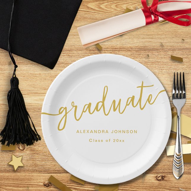 Modern Trendy Gold Script Graduation Party Paper Plate (Elegant Gold script graduation party custom white paper plate Trendy modern graduate design )
