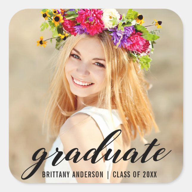 Modern Trendy Graduation Photo Announcement Square Sticker (Front)