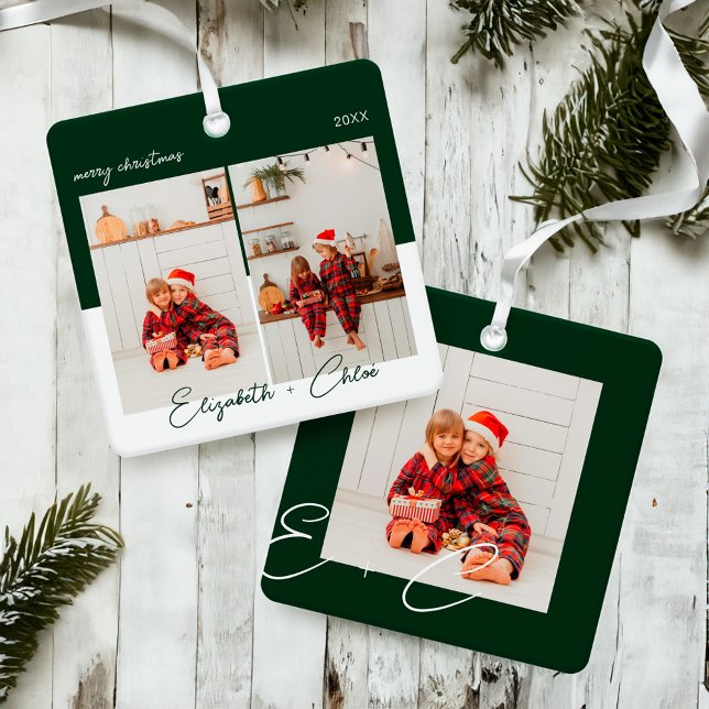 Modern Trendy Green & White Name Monogram 3 Photo  Metal Ornament (Modern Trendy Green & White Name Monogram 3 Photo Metal Ornament)