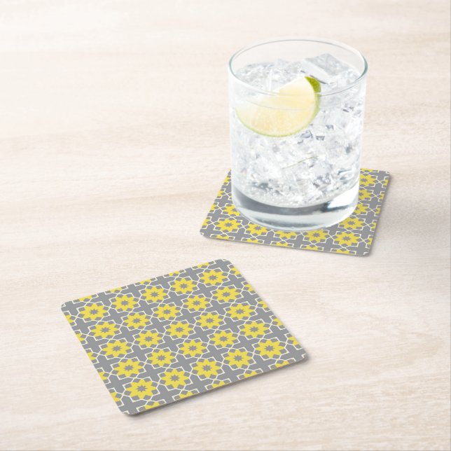 Modern Trendy Grey and Yellow Flowers  Square Paper Coaster (Insitu)