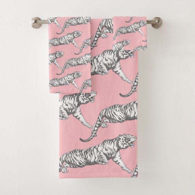 Modern Trendy Grey Tiger on Pink Bath Towel Set (Insitu)