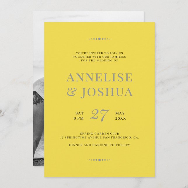 Modern trendy grey yellow simple photo wedding invitation (Front/Back)