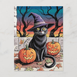 Modern Trendy Halloween Pumpkins and Black Cat Postcard