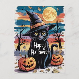 Modern Trendy Halloween Pumpkins and Black Cat Postcard