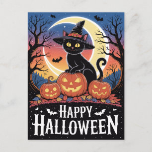 Modern Trendy Halloween Pumpkins and Black Cat Postcard