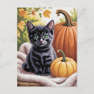 Modern Trendy Halloween Pumpkins and Black Cat Postcard