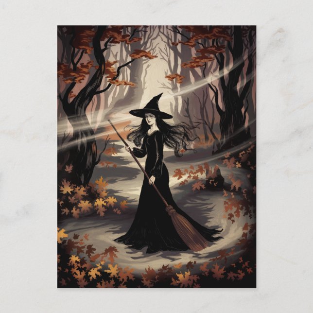 Modern Trendy Halloween Witch in Forest            Postcard (Front)