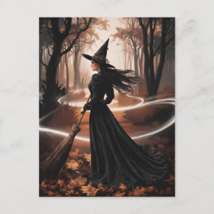 Modern Trendy Halloween Witch in Forest Postcard